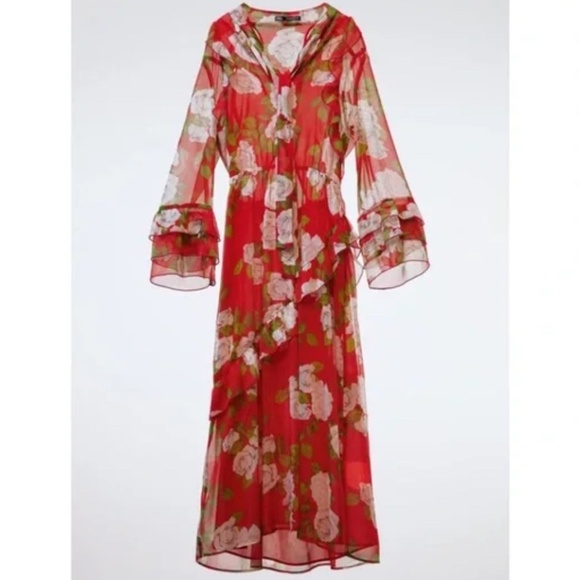 Zara Dresses & Skirts - Zara Red Floral Print Long Sleeve Midi Dress with Ruffles Size Small